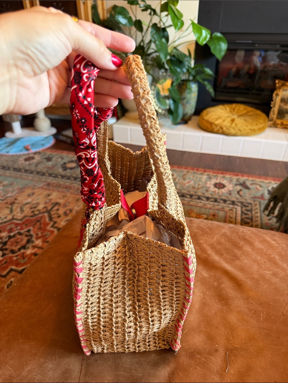 Target Straw Crochet Tote with Pink Embroidered Lobster and Red Scarf Handles - Picture 2 of 3